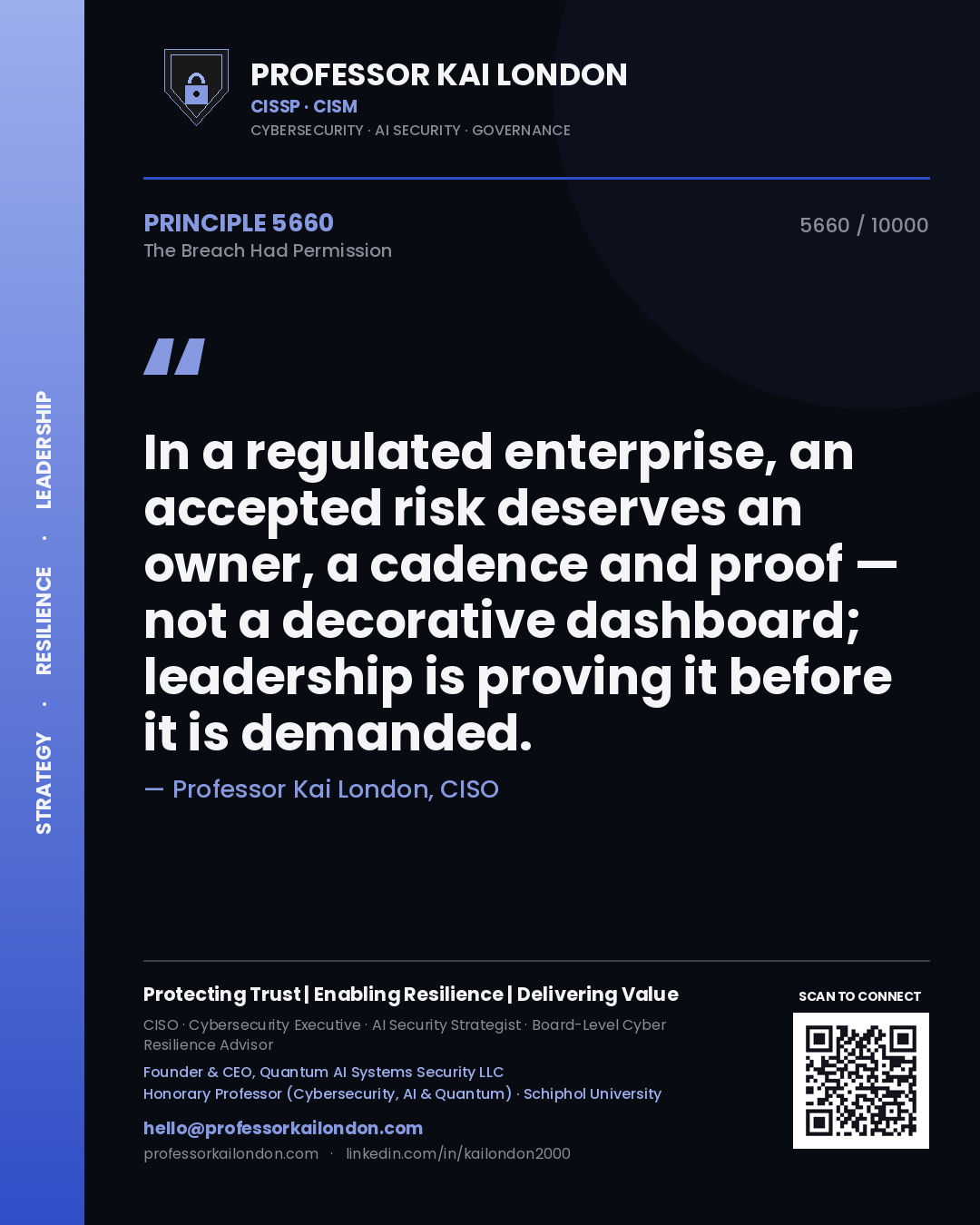 Quote card by Professor Kai London reading 'In a regulated enterprise, an accepted risk deserves an owner, a cadence and proof — not a decorative dashboard; leadership is proving it before it is demanded.'. From the book The Breach Had Permission.