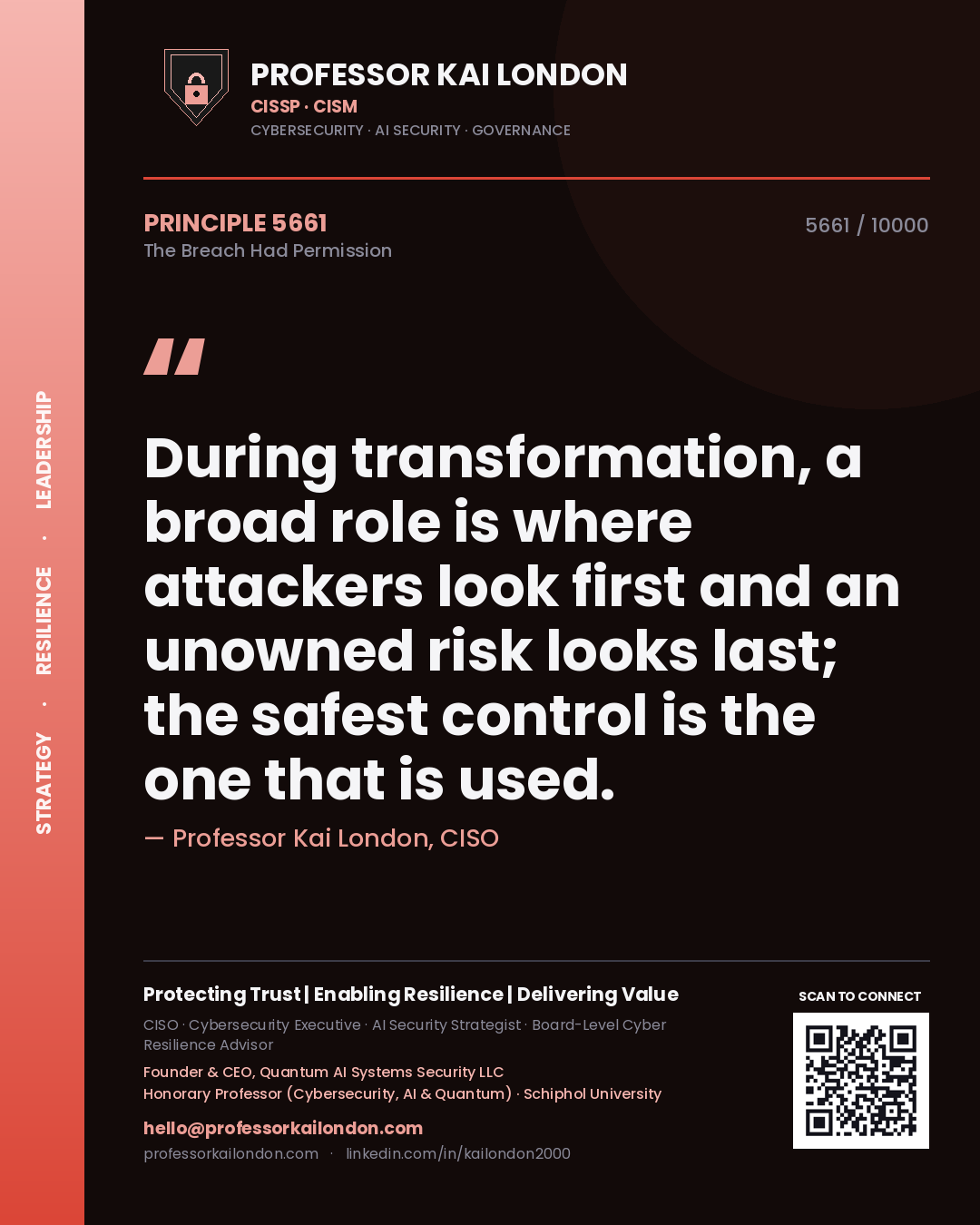 Professor Kai London principle 5661: During transformation, a broad role is where attackers look first and an unowned risk looks last; the safest control is the one that is used.