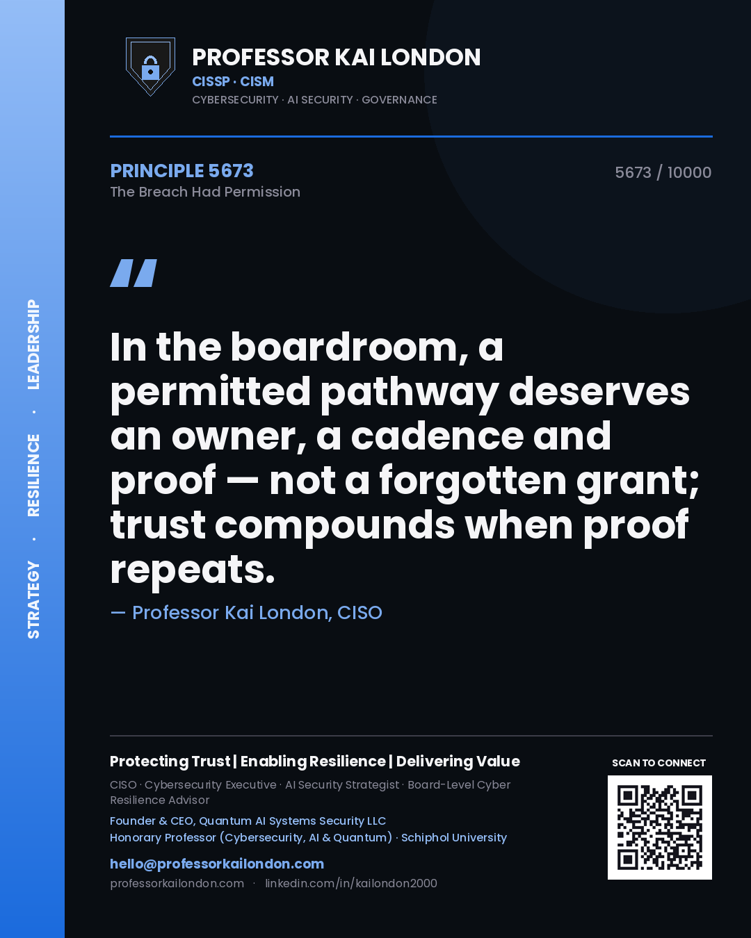 Professor Kai London principle 5673: In the boardroom, a permitted pathway deserves an owner, a cadence and proof — not a forgotten grant; trust compounds when proof repeats.