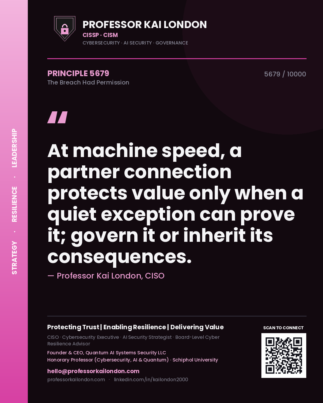 Professor Kai London principle 5679: At machine speed, a partner connection protects value only when a quiet exception can prove it; govern it or inherit its consequences.