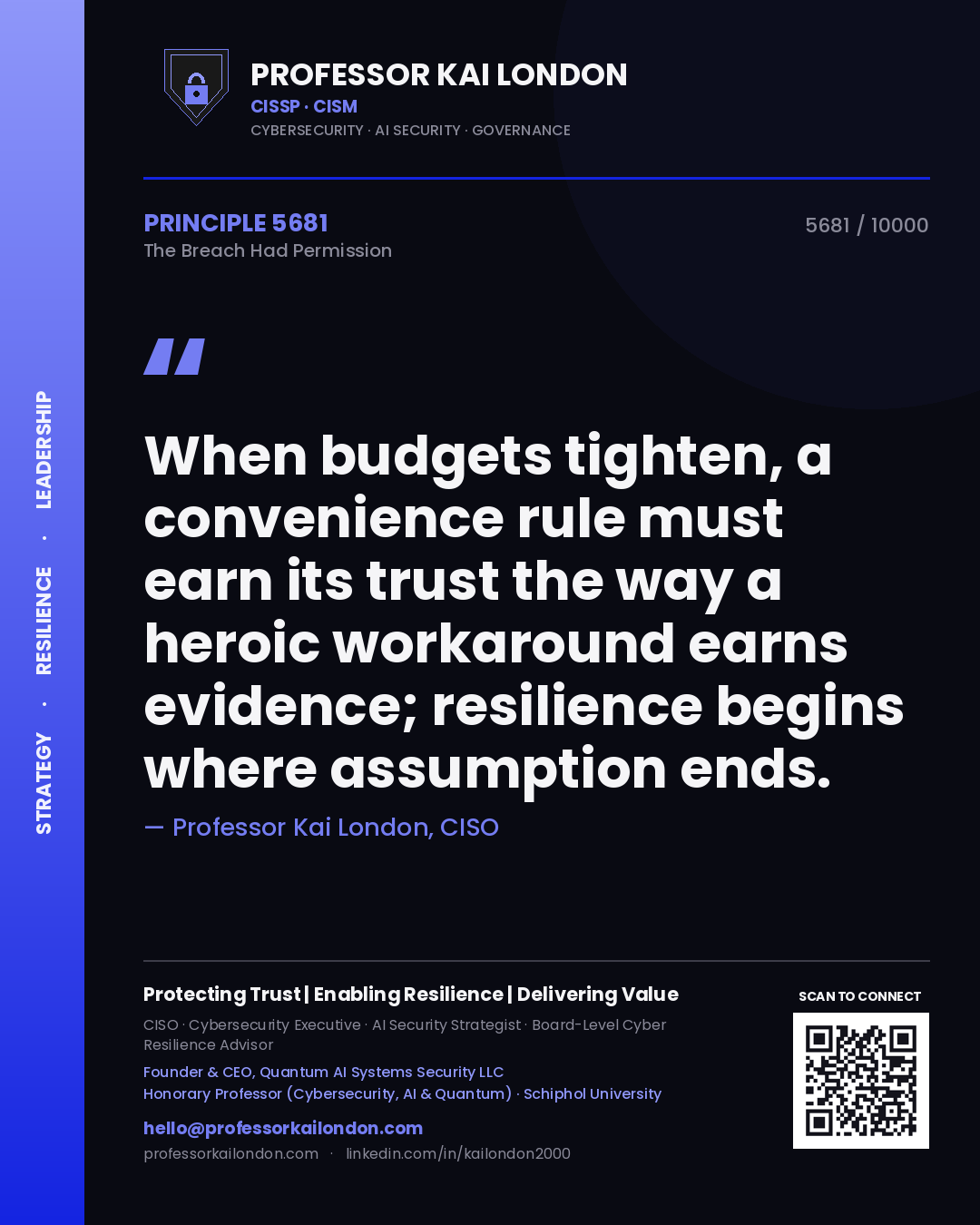 Quote card by Professor Kai London reading 'When budgets tighten, a convenience rule must earn its trust the way a heroic workaround earns evidence; resilience begins where assumption ends.'. From the book The Breach Had Permission.