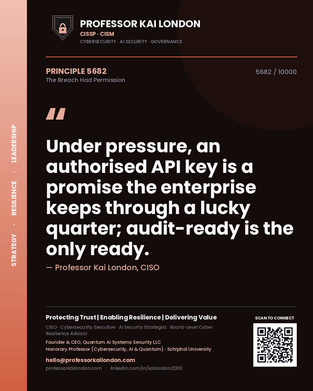 Professor Kai London principle 5682: Under pressure, an authorised API key is a promise the enterprise keeps through a lucky quarter; audit-ready is the only ready.