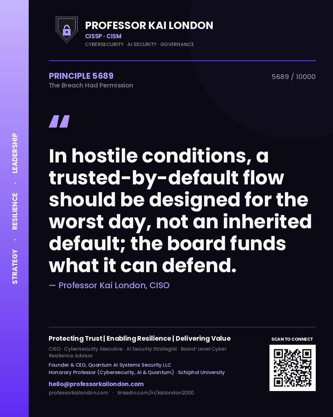 Professor Kai London principle 5689: In hostile conditions, a trusted-by-default flow should be designed for the worst day, not an inherited default; the board funds what it can defend.