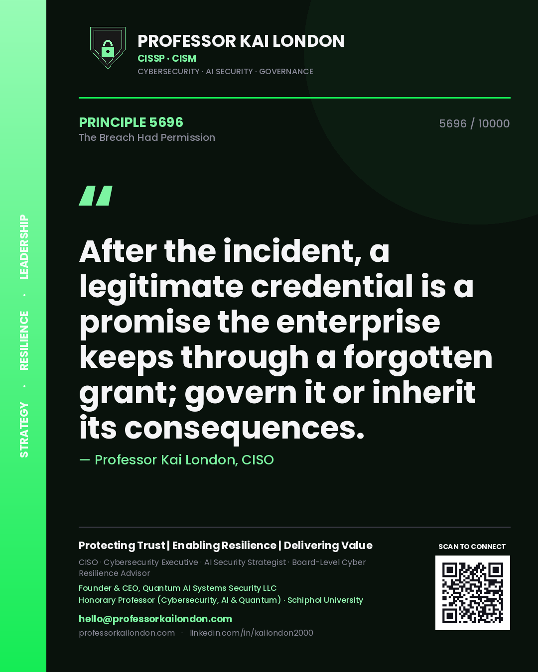 Quote card by Professor Kai London reading 'After the incident, a legitimate credential is a promise the enterprise keeps through a forgotten grant; govern it or inherit its consequences.'. From the book The Breach Had Permission.