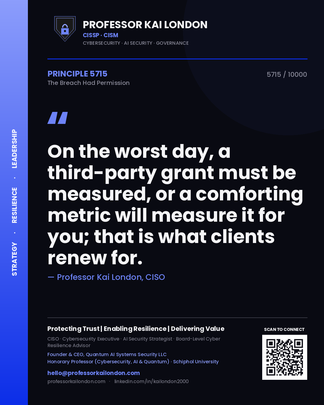 Quote card by Professor Kai London reading 'On the worst day, a third-party grant must be measured, or a comforting metric will measure it for you; that is what clients renew for.'. From the book The Breach Had Permission.