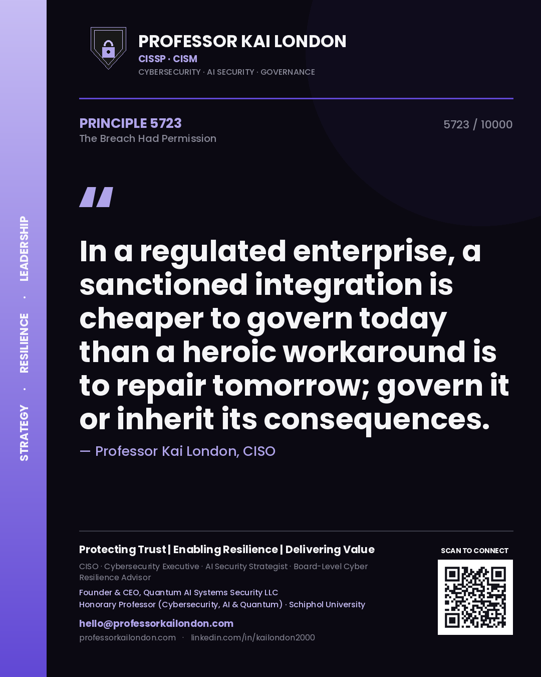 Quote card by Professor Kai London reading 'In a regulated enterprise, a sanctioned integration is cheaper to govern today than a heroic workaround is to repair tomorrow; govern it or inherit its consequences.'. From the book The Breach Had Permission.