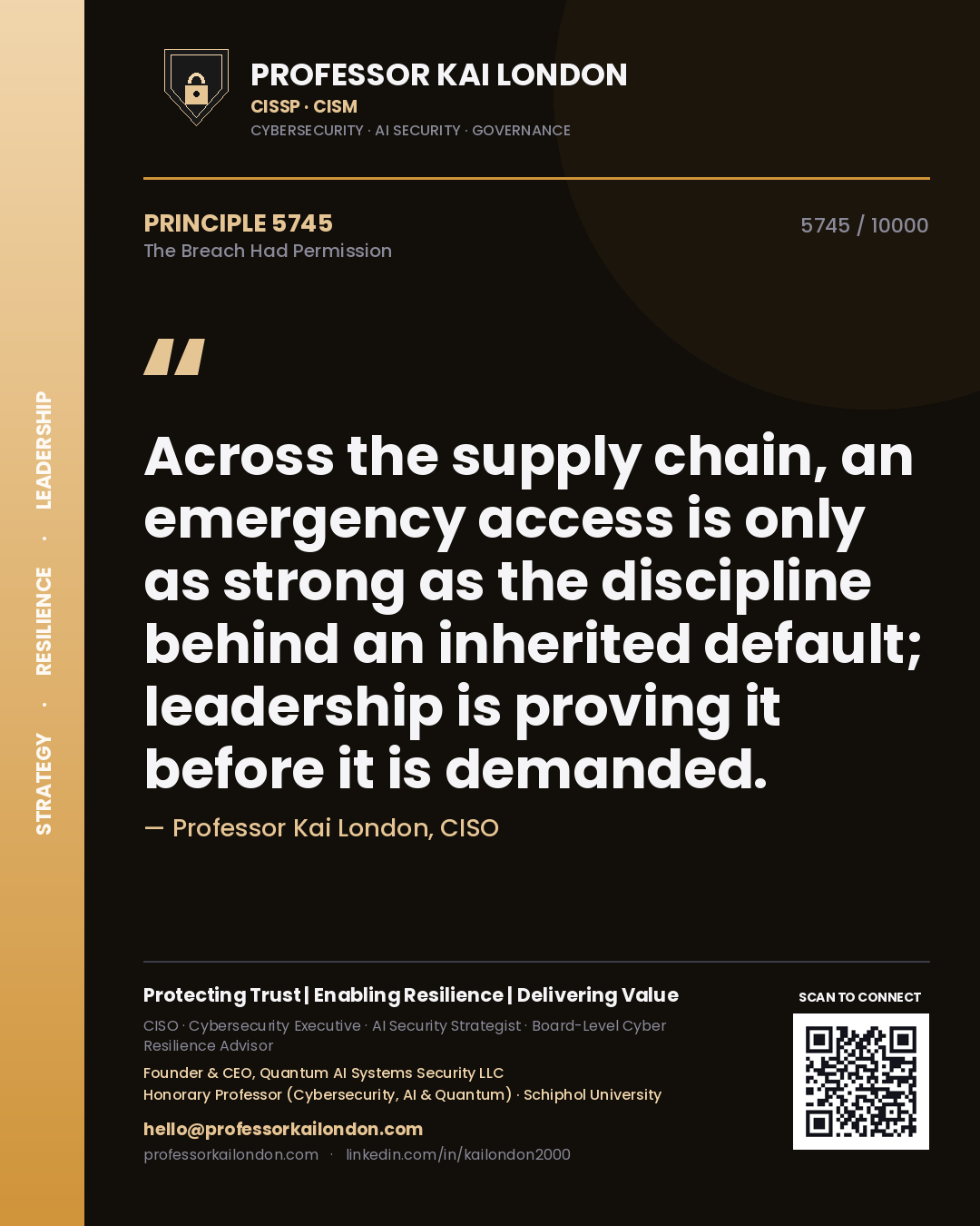 Professor Kai London principle 5745: Across the supply chain, an emergency access is only as strong as the discipline behind an inherited default; leadership is proving it before it is demanded.