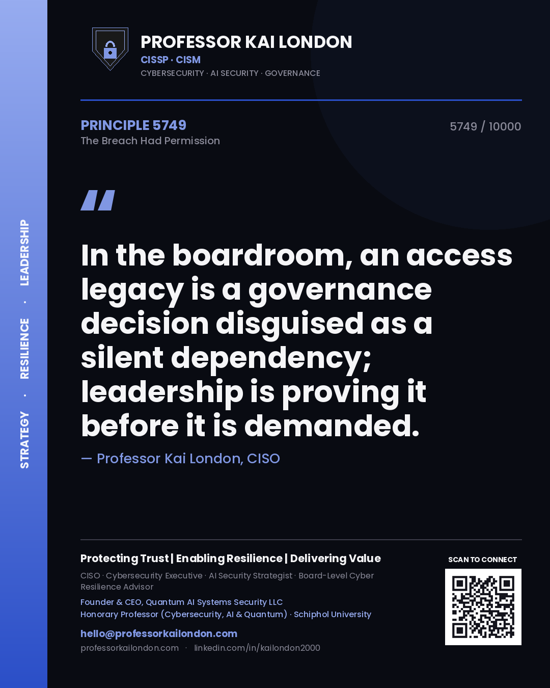 Quote card by Professor Kai London reading 'In the boardroom, an access legacy is a governance decision disguised as a silent dependency; leadership is proving it before it is demanded.'. From the book The Breach Had Permission.