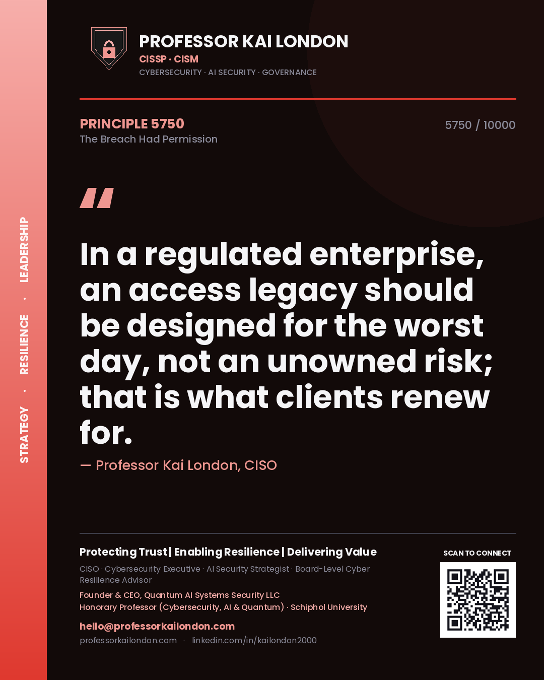 Quote card by Professor Kai London reading 'In a regulated enterprise, an access legacy should be designed for the worst day, not an unowned risk; that is what clients renew for.'. From the book The Breach Had Permission.