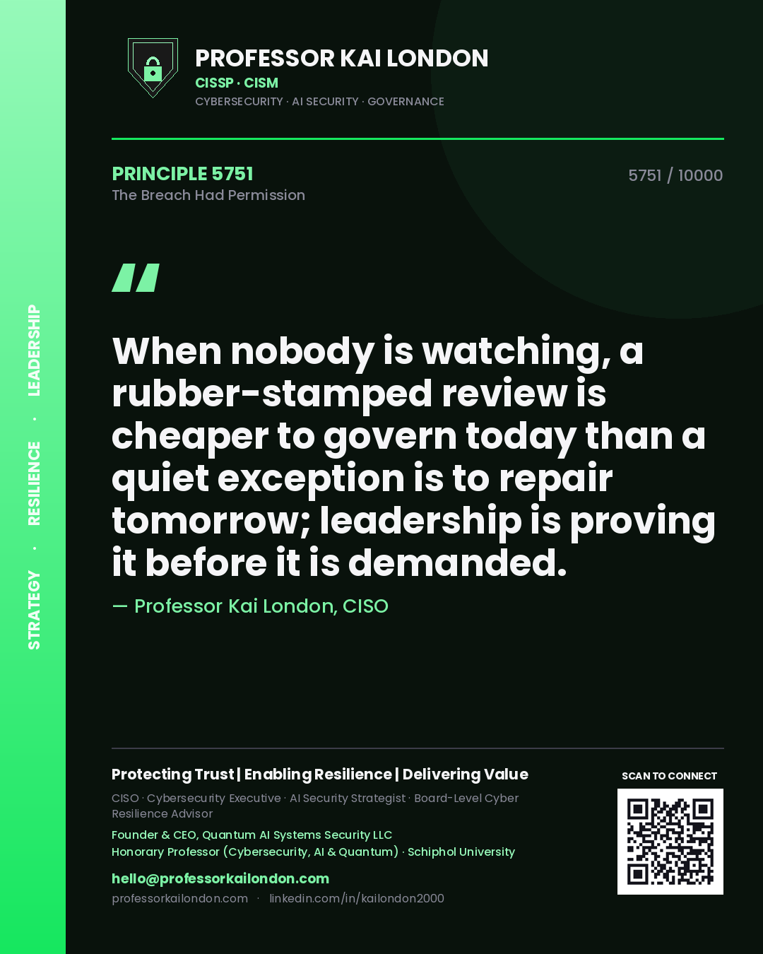 Professor Kai London principle 5751: When nobody is watching, a rubber-stamped review is cheaper to govern today than a quiet exception is to repair tomorrow; leadership is proving it before it is demanded.