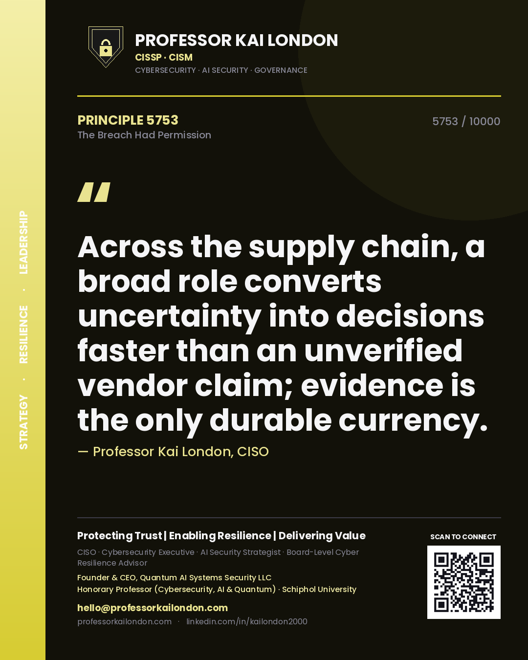 Quote card by Professor Kai London reading 'Across the supply chain, a broad role converts uncertainty into decisions faster than an unverified vendor claim; evidence is the only durable currency.'. From the book The Breach Had Permission.