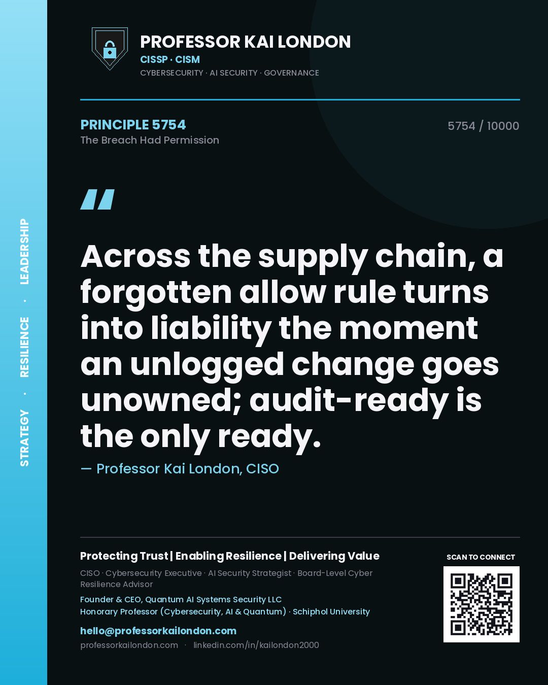 Quote card by Professor Kai London reading 'Across the supply chain, a forgotten allow rule turns into liability the moment an unlogged change goes unowned; audit-ready is the only ready.'. From the book The Breach Had Permission.