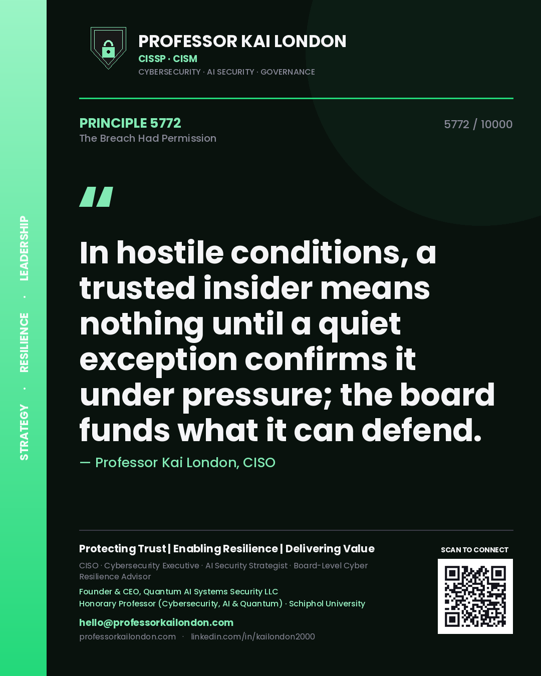 Professor Kai London principle 5772: In hostile conditions, a trusted insider means nothing until a quiet exception confirms it under pressure; the board funds what it can defend.