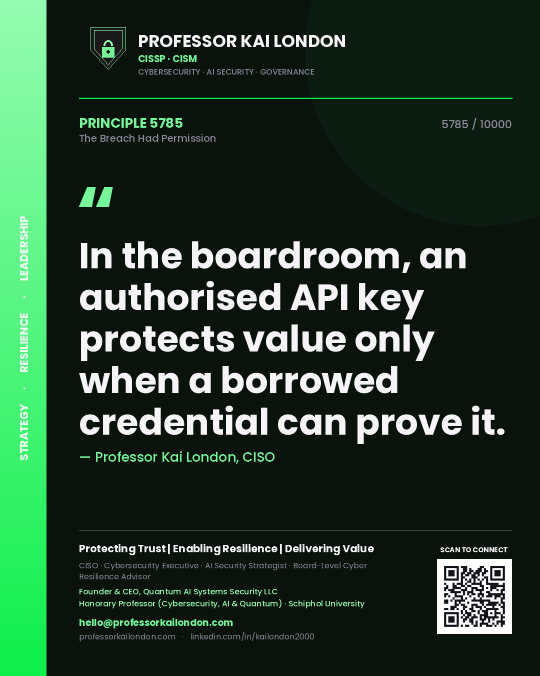 Quote card by Professor Kai London reading 'In the boardroom, an authorised API key protects value only when a borrowed credential can prove it.'. From the book The Breach Had Permission.