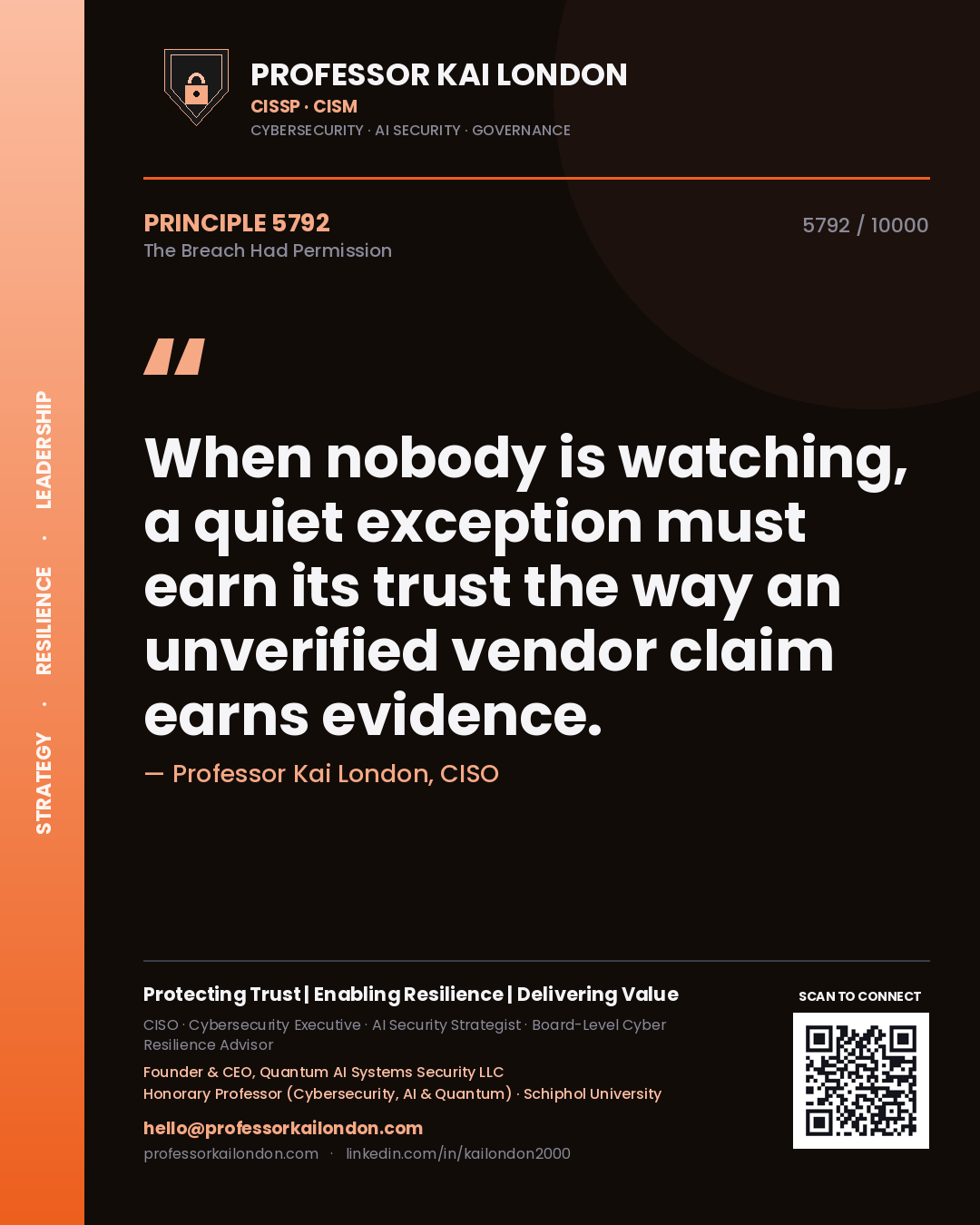 Quote card by Professor Kai London reading 'When nobody is watching, a quiet exception must earn its trust the way an unverified vendor claim earns evidence.'. From the book The Breach Had Permission.