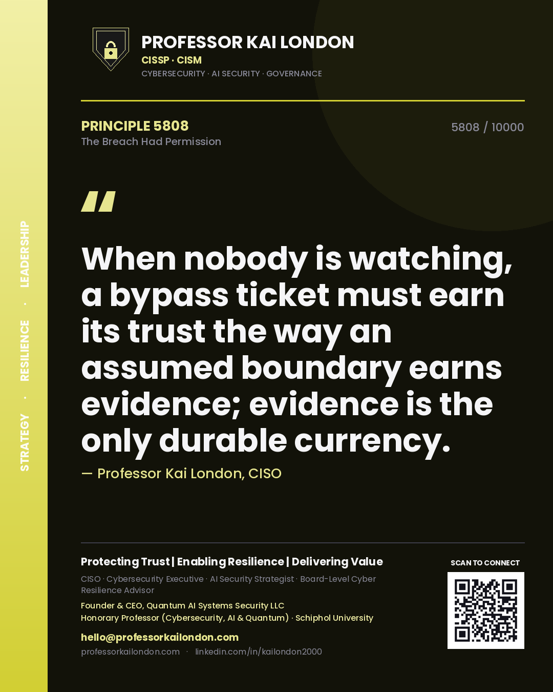 Professor Kai London principle 5808: When nobody is watching, a bypass ticket must earn its trust the way an assumed boundary earns evidence; evidence is the only durable currency.