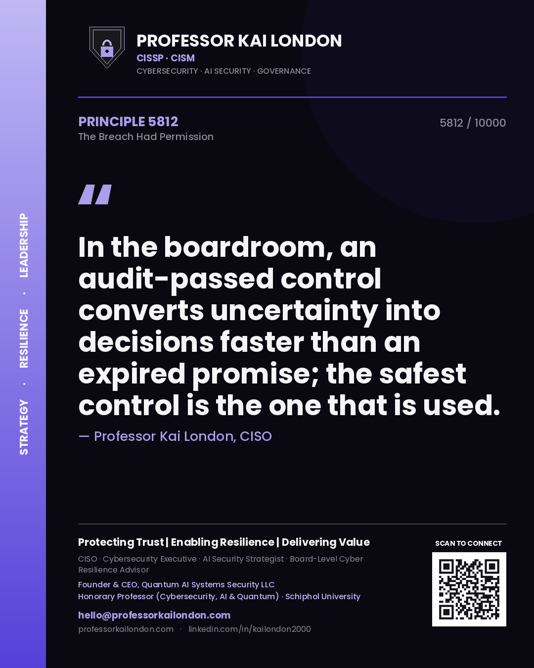Professor Kai London principle 5812: In the boardroom, an audit-passed control converts uncertainty into decisions faster than an expired promise; the safest control is the one that is used.