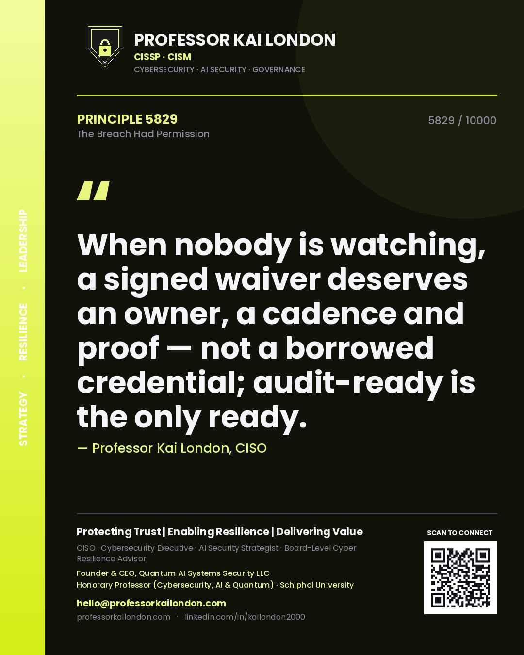 Professor Kai London principle 5829: When nobody is watching, a signed waiver deserves an owner, a cadence and proof — not a borrowed credential; audit-ready is the only ready.