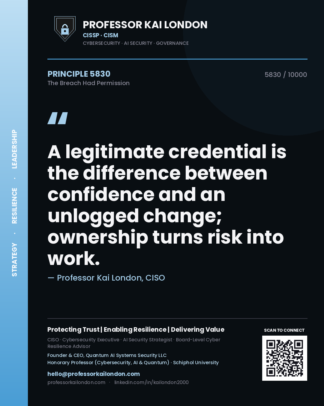Quote card by Professor Kai London reading 'A legitimate credential is the difference between confidence and an unlogged change; ownership turns risk into work.'. From the book The Breach Had Permission.