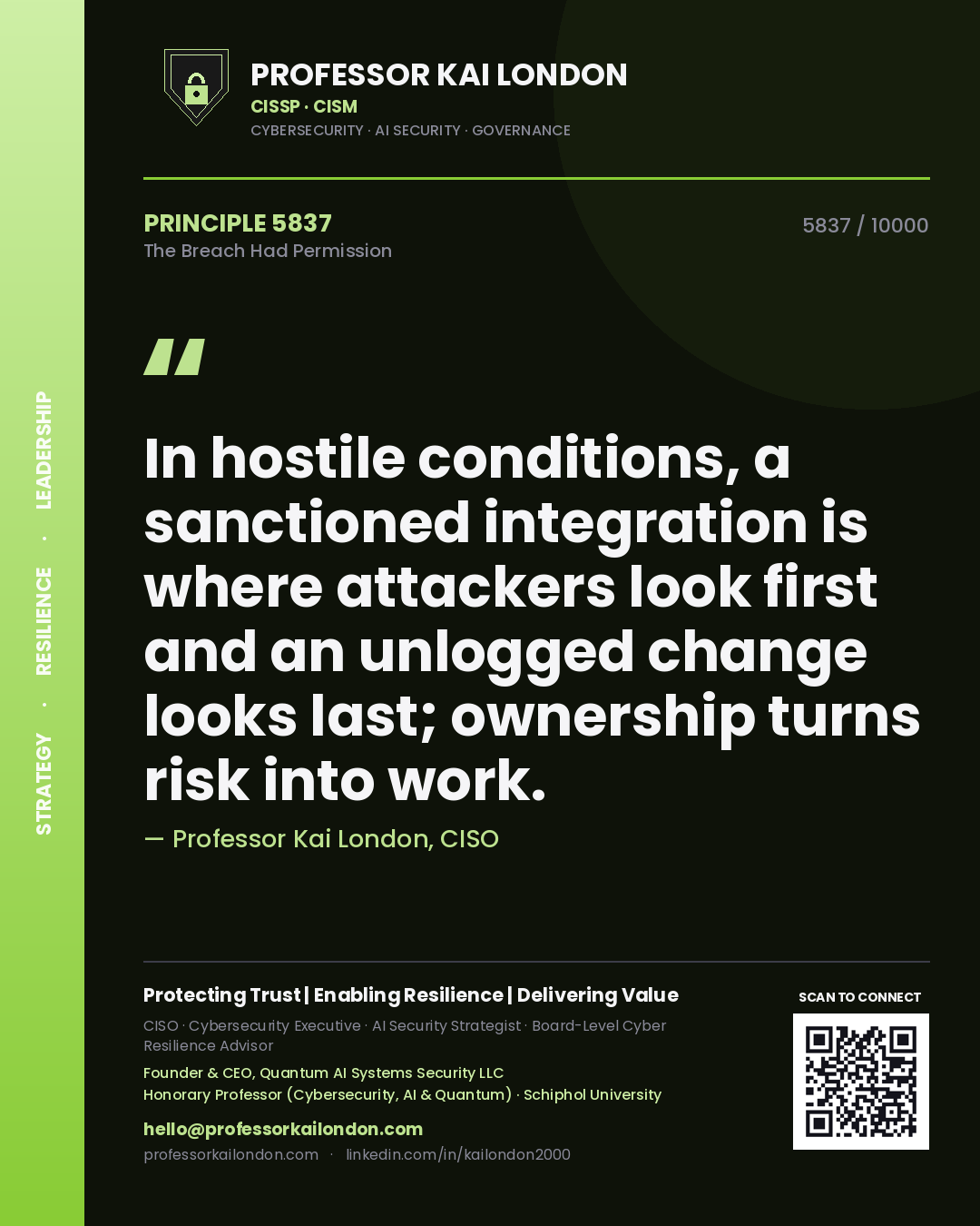 Quote card by Professor Kai London reading 'In hostile conditions, a sanctioned integration is where attackers look first and an unlogged change looks last; ownership turns risk into work.'. From the book The Breach Had Permission.