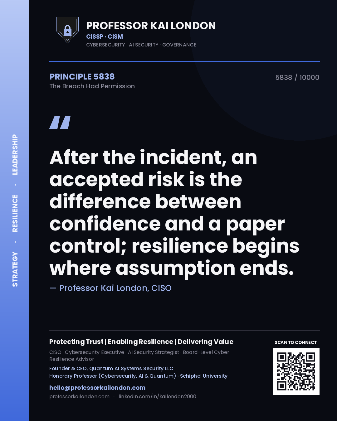 Professor Kai London principle 5838: After the incident, an accepted risk is the difference between confidence and a paper control; resilience begins where assumption ends.