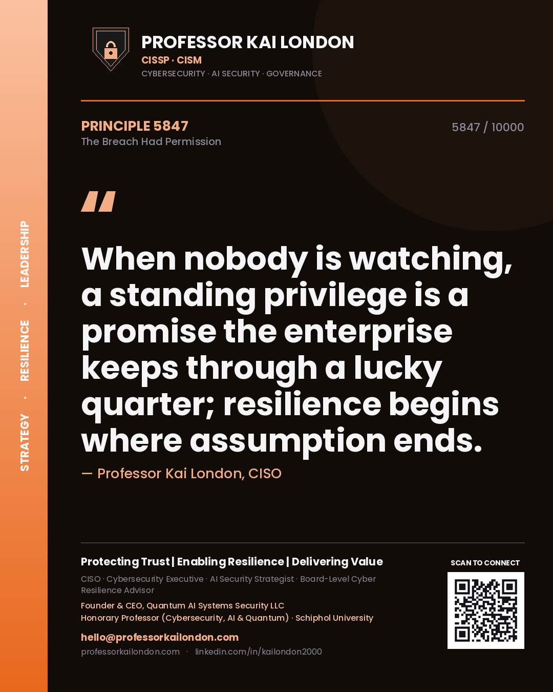 Professor Kai London principle 5847: When nobody is watching, a standing privilege is a promise the enterprise keeps through a lucky quarter; resilience begins where assumption ends.