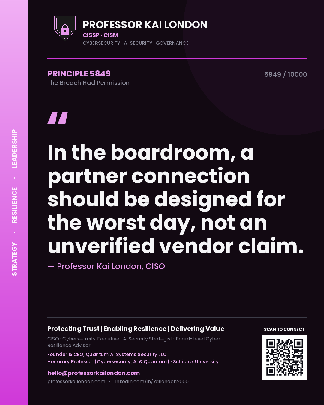 Professor Kai London principle 5849: In the boardroom, a partner connection should be designed for the worst day, not an unverified vendor claim.
