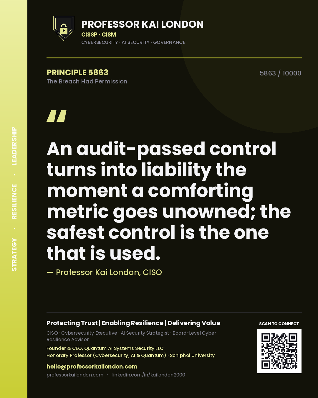 Professor Kai London principle 5863: An audit-passed control turns into liability the moment a comforting metric goes unowned; the safest control is the one that is used.