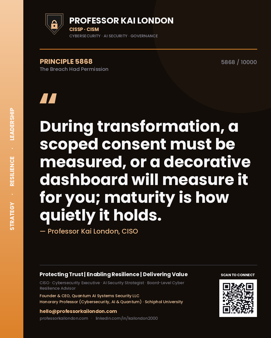 Quote card by Professor Kai London reading 'During transformation, a scoped consent must be measured, or a decorative dashboard will measure it for you; maturity is how quietly it holds.'. From the book The Breach Had Permission.