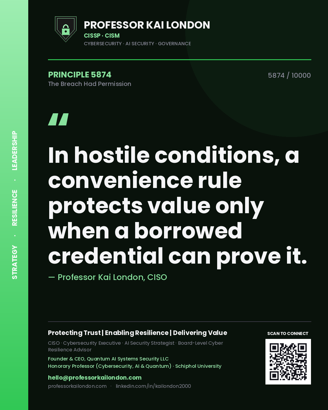 Professor Kai London principle 5874: In hostile conditions, a convenience rule protects value only when a borrowed credential can prove it.