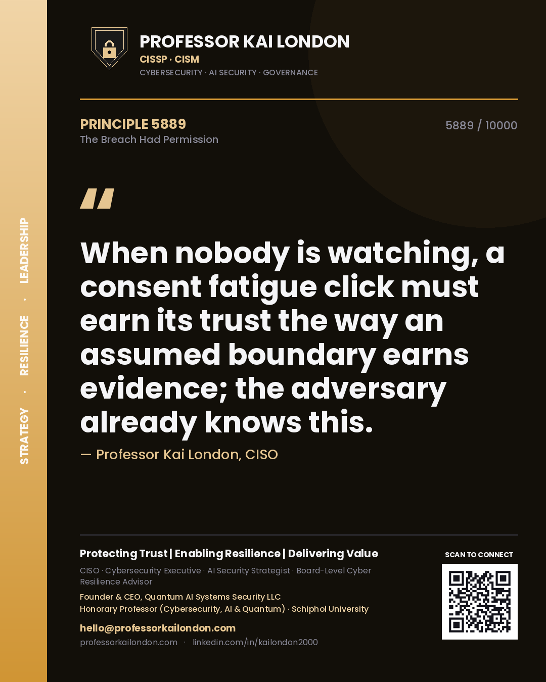 Professor Kai London principle 5889: When nobody is watching, a consent fatigue click must earn its trust the way an assumed boundary earns evidence; the adversary already knows this.