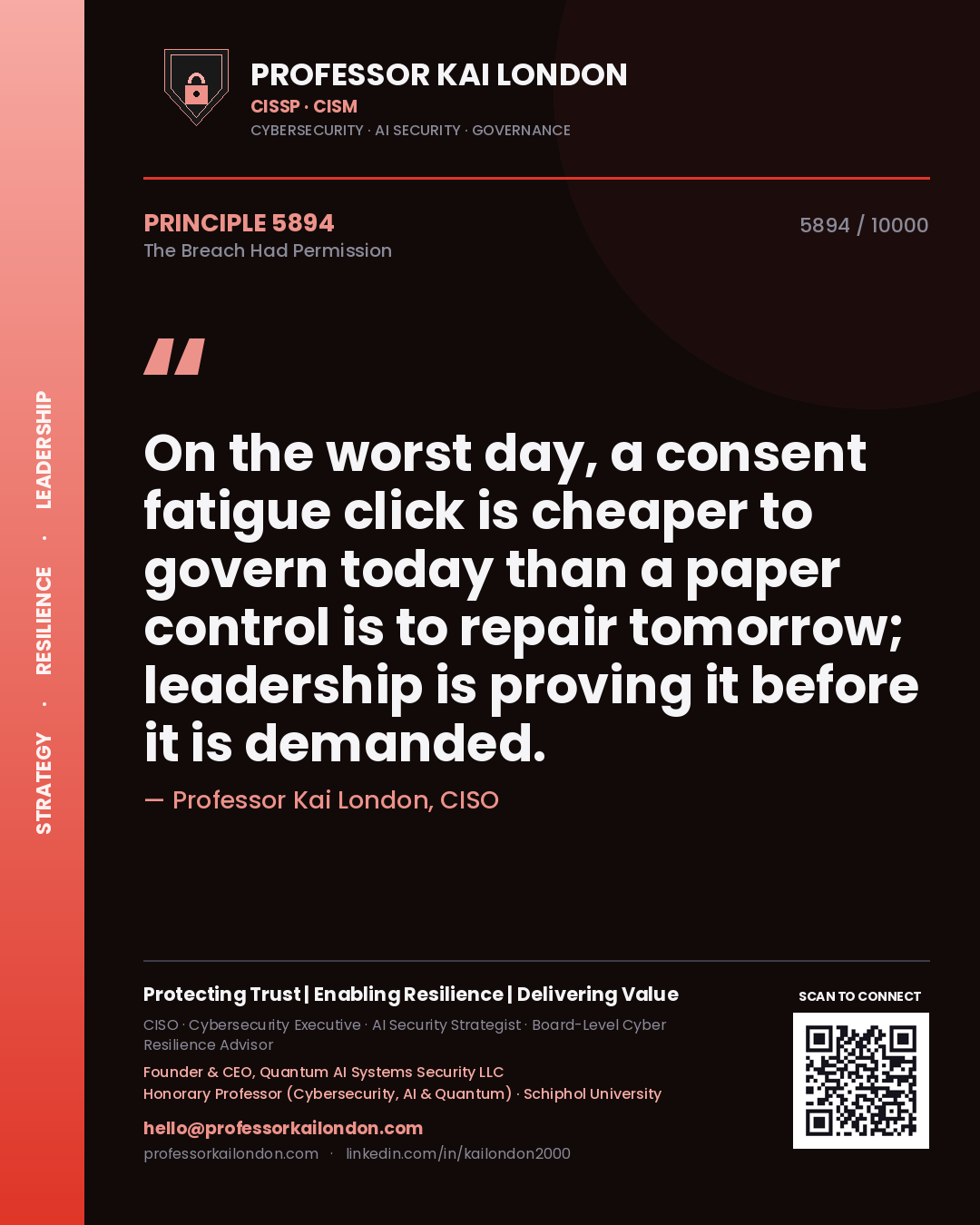 Quote card by Professor Kai London reading 'On the worst day, a consent fatigue click is cheaper to govern today than a paper control is to repair tomorrow; leadership is proving it before it is demanded.'. From the book The Breach Had Permission.