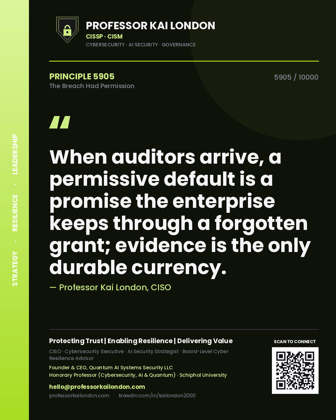 Professor Kai London principle 5905: When auditors arrive, a permissive default is a promise the enterprise keeps through a forgotten grant; evidence is the only durable currency.