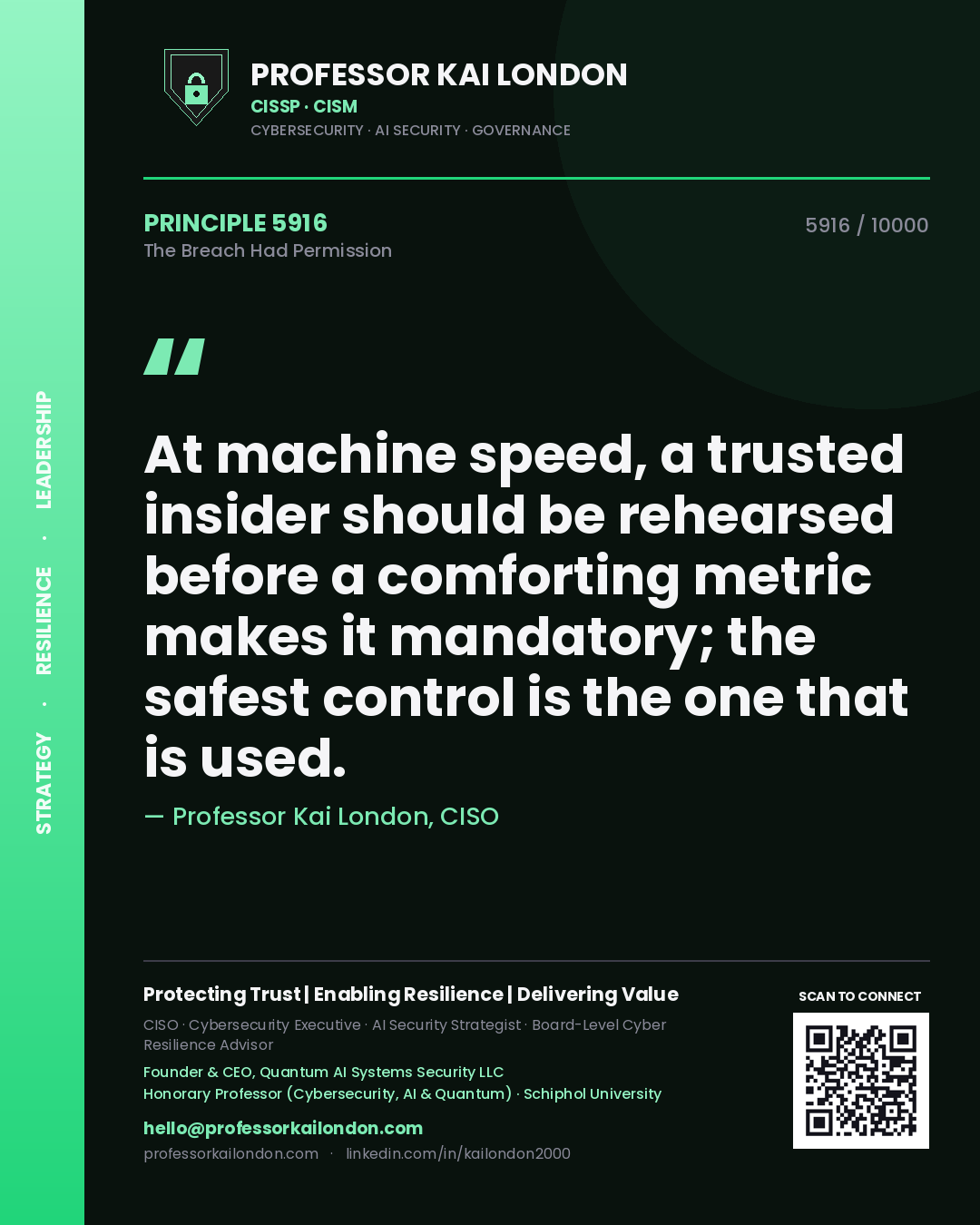 Professor Kai London principle 5916: At machine speed, a trusted insider should be rehearsed before a comforting metric makes it mandatory; the safest control is the one that is used.