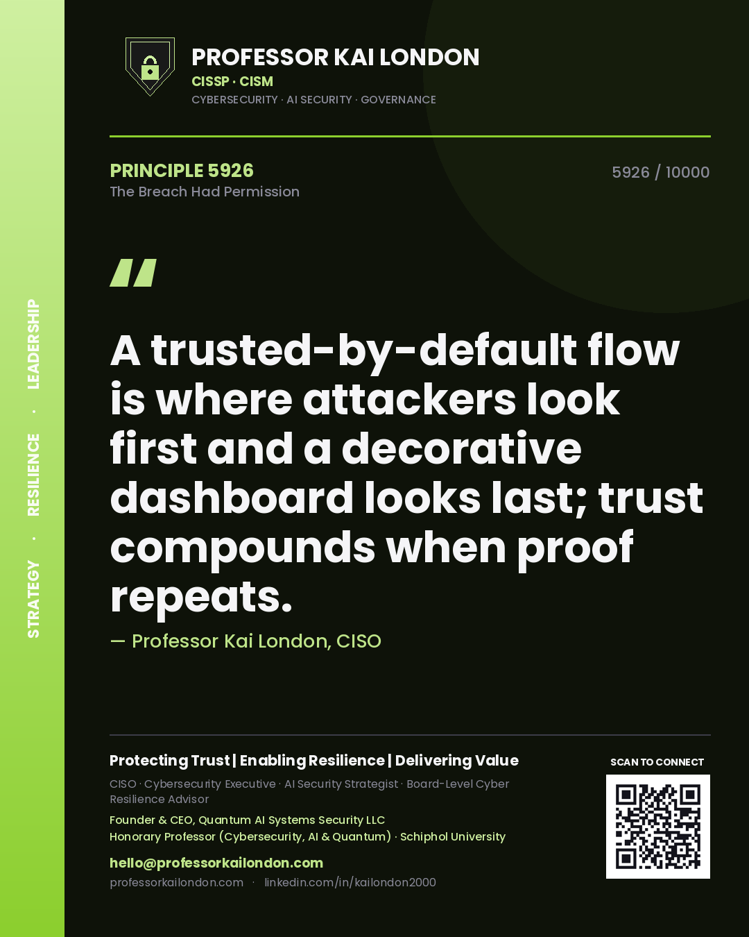 Professor Kai London principle 5926: A trusted-by-default flow is where attackers look first and a decorative dashboard looks last; trust compounds when proof repeats.