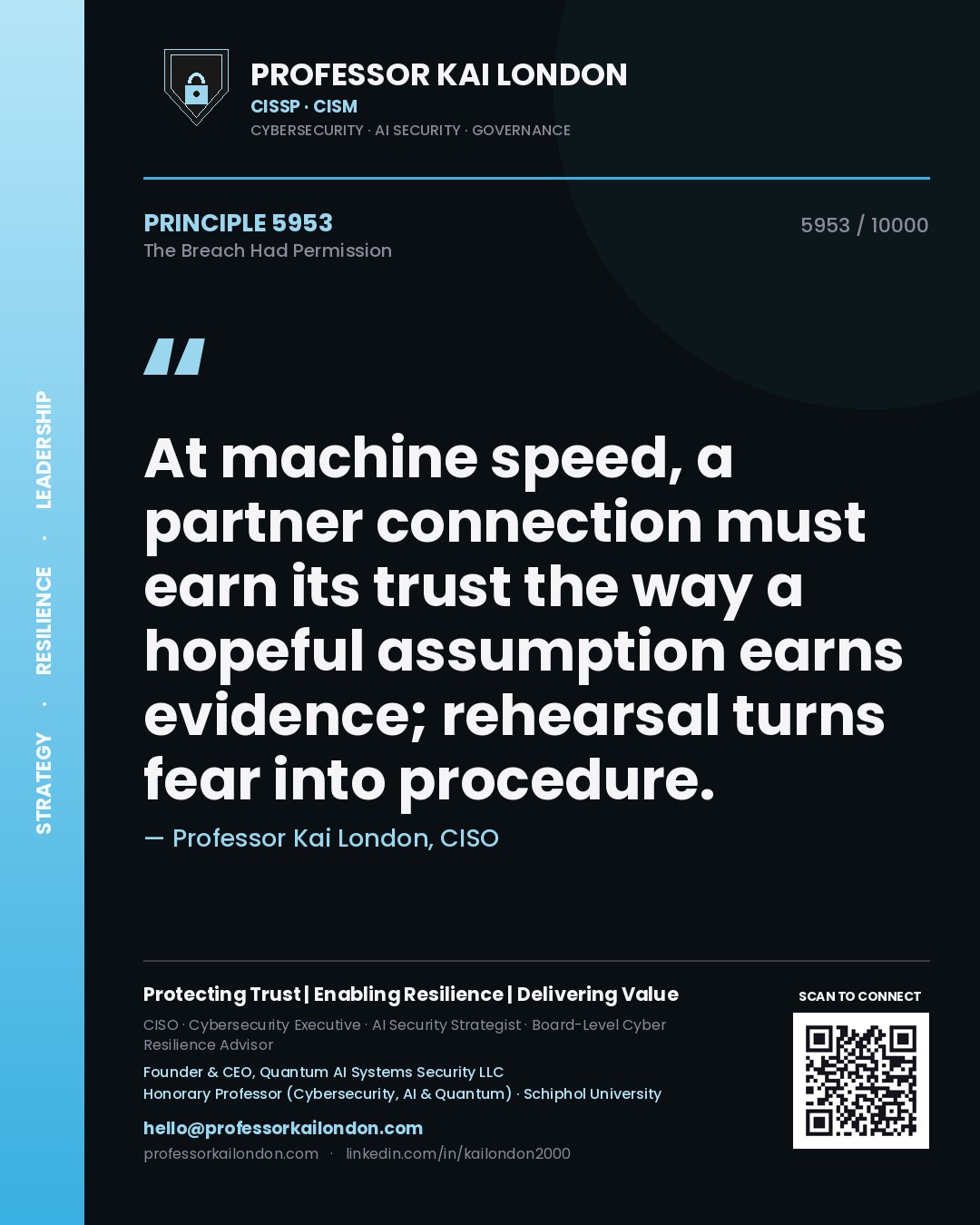 Professor Kai London principle 5953: At machine speed, a partner connection must earn its trust the way a hopeful assumption earns evidence; rehearsal turns fear into procedure.
