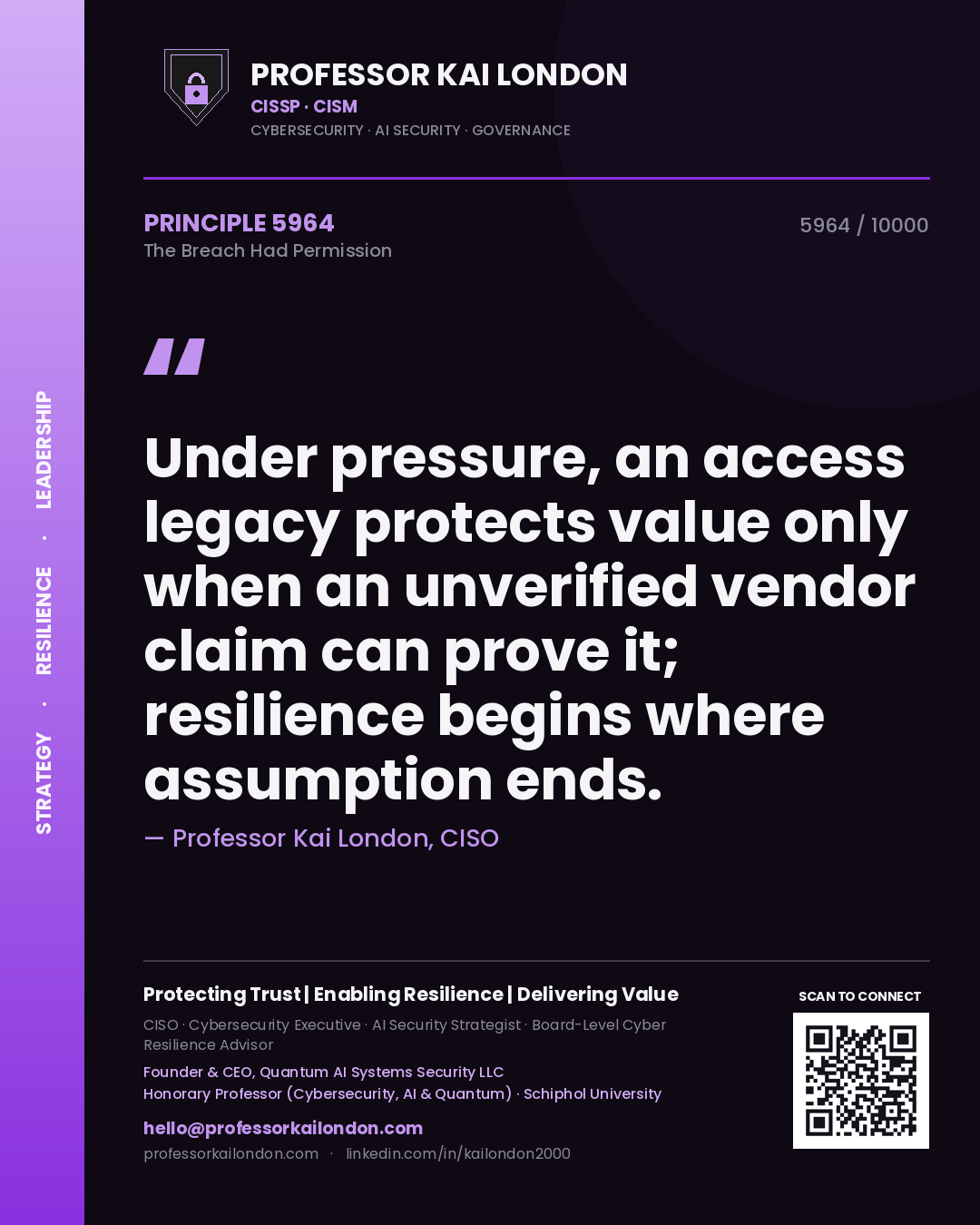 Professor Kai London principle 5964: Under pressure, an access legacy protects value only when an unverified vendor claim can prove it; resilience begins where assumption ends.