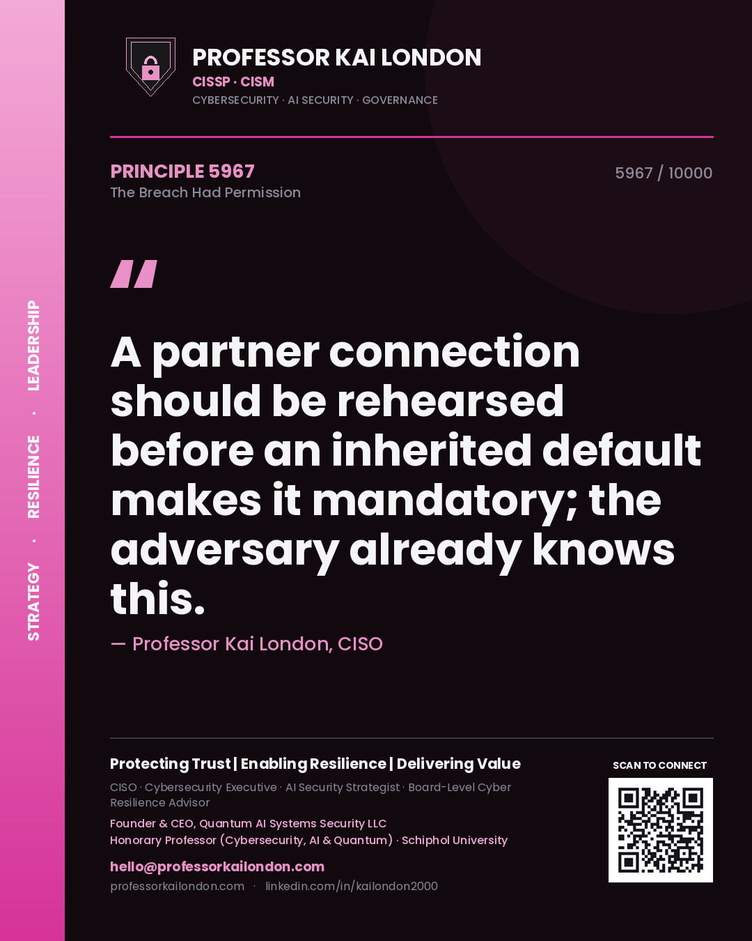 Professor Kai London principle 5967: A partner connection should be rehearsed before an inherited default makes it mandatory; the adversary already knows this.