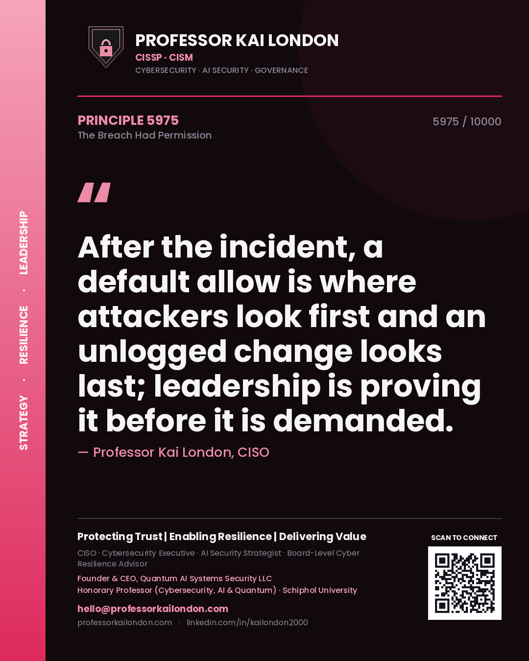Professor Kai London principle 5975: After the incident, a default allow is where attackers look first and an unlogged change looks last; leadership is proving it before it is demanded.