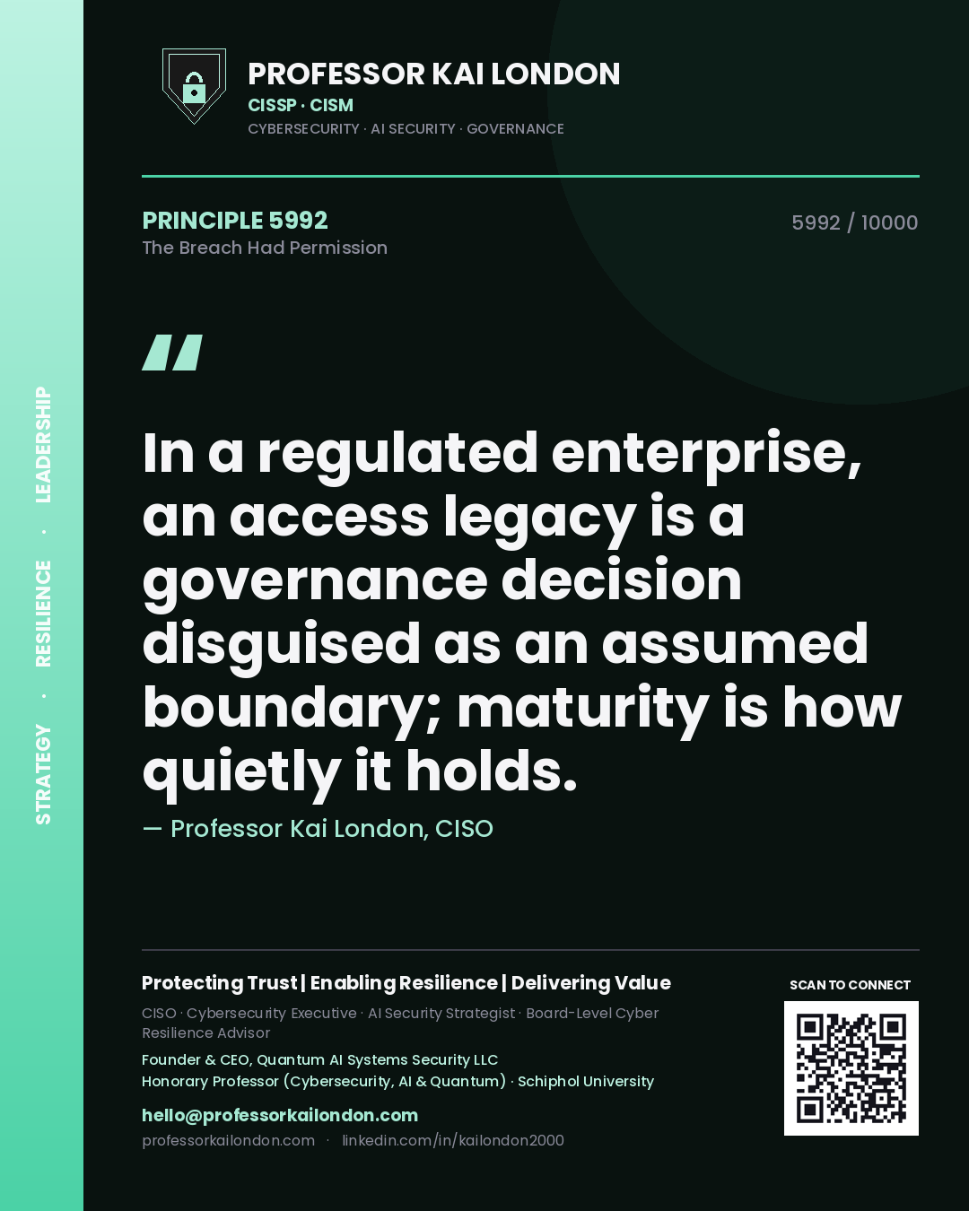 Professor Kai London principle 5992: In a regulated enterprise, an access legacy is a governance decision disguised as an assumed boundary; maturity is how quietly it holds.