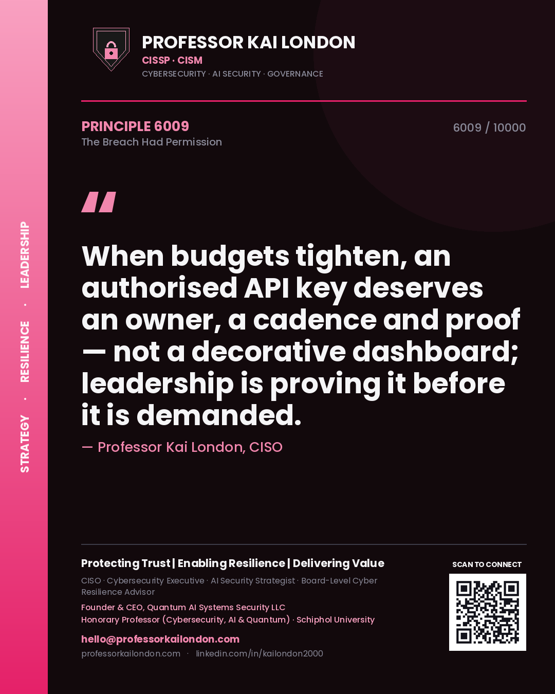 Professor Kai London principle 6009: When budgets tighten, an authorised API key deserves an owner, a cadence and proof — not a decorative dashboard; leadership is proving it before it is demanded.