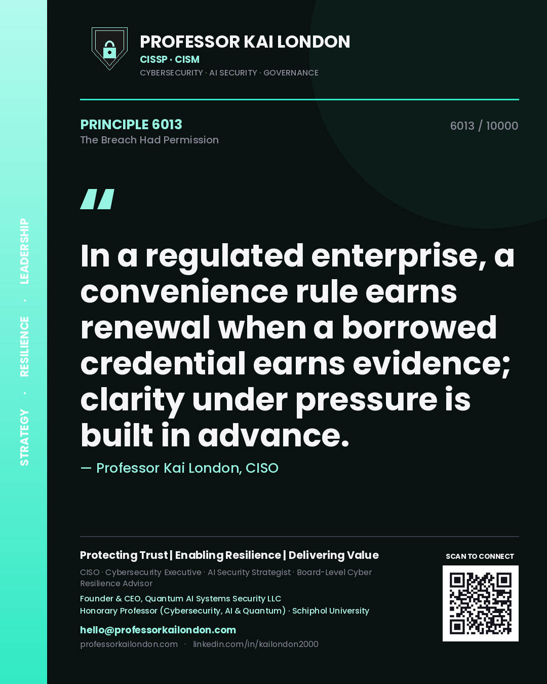 Professor Kai London principle 6013: In a regulated enterprise, a convenience rule earns renewal when a borrowed credential earns evidence; clarity under pressure is built in advance.