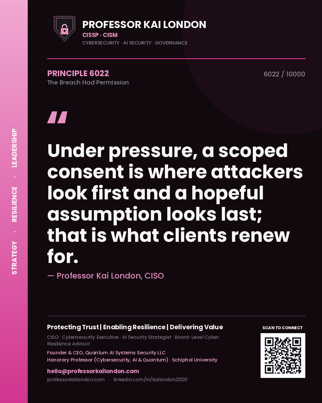 Professor Kai London principle 6022: Under pressure, a scoped consent is where attackers look first and a hopeful assumption looks last; that is what clients renew for.