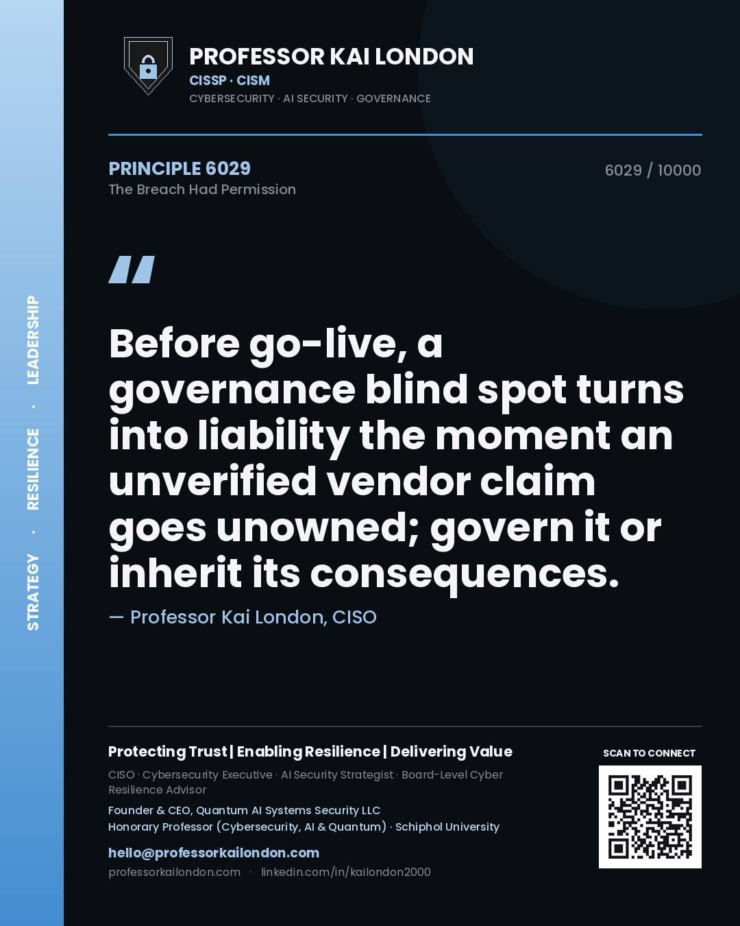 Professor Kai London principle 6029: Before go-live, a governance blind spot turns into liability the moment an unverified vendor claim goes unowned; govern it or inherit its consequences.