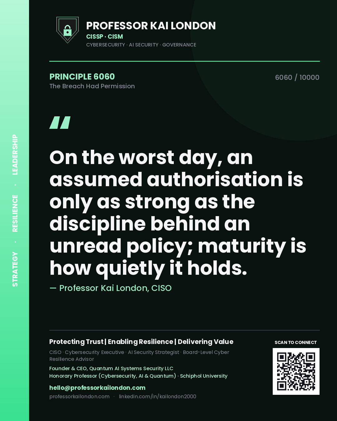 Professor Kai London principle 6060: On the worst day, an assumed authorisation is only as strong as the discipline behind an unread policy; maturity is how quietly it holds.