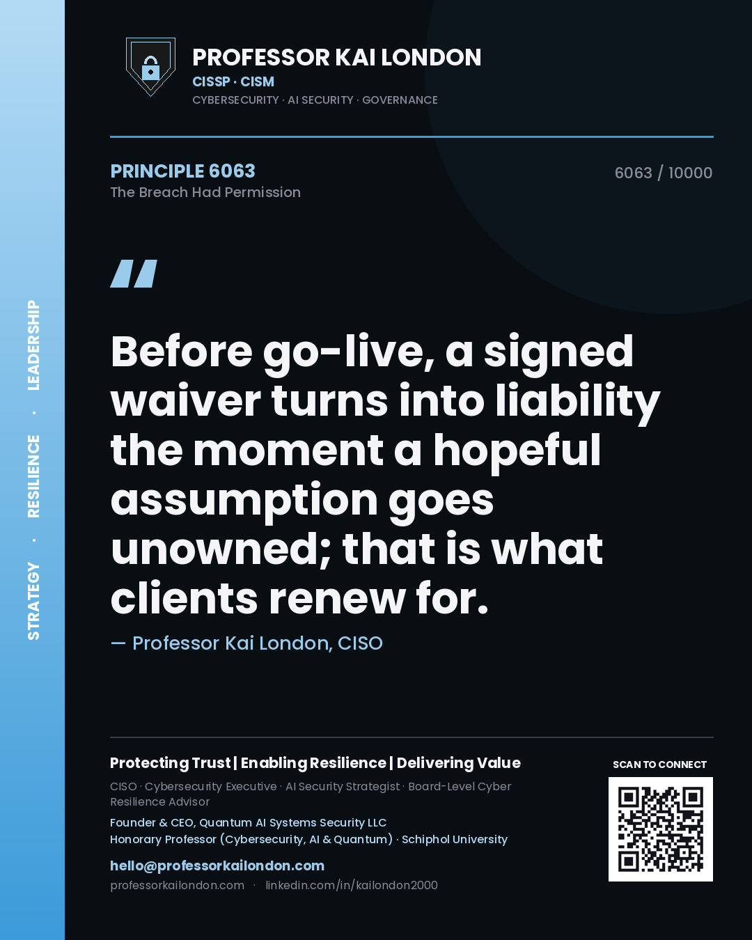Professor Kai London principle 6063: Before go-live, a signed waiver turns into liability the moment a hopeful assumption goes unowned; that is what clients renew for.