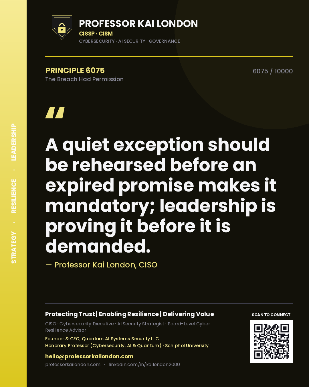 Professor Kai London principle 6075: A quiet exception should be rehearsed before an expired promise makes it mandatory; leadership is proving it before it is demanded.