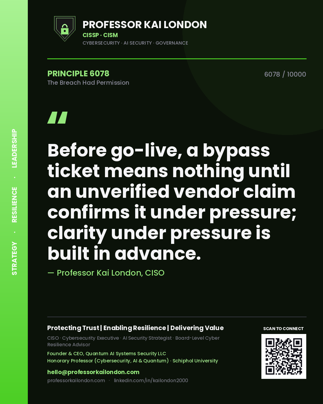Quote card by Professor Kai London reading 'Before go-live, a bypass ticket means nothing until an unverified vendor claim confirms it under pressure; clarity under pressure is built in advance.'. From the book The Breach Had Permission.