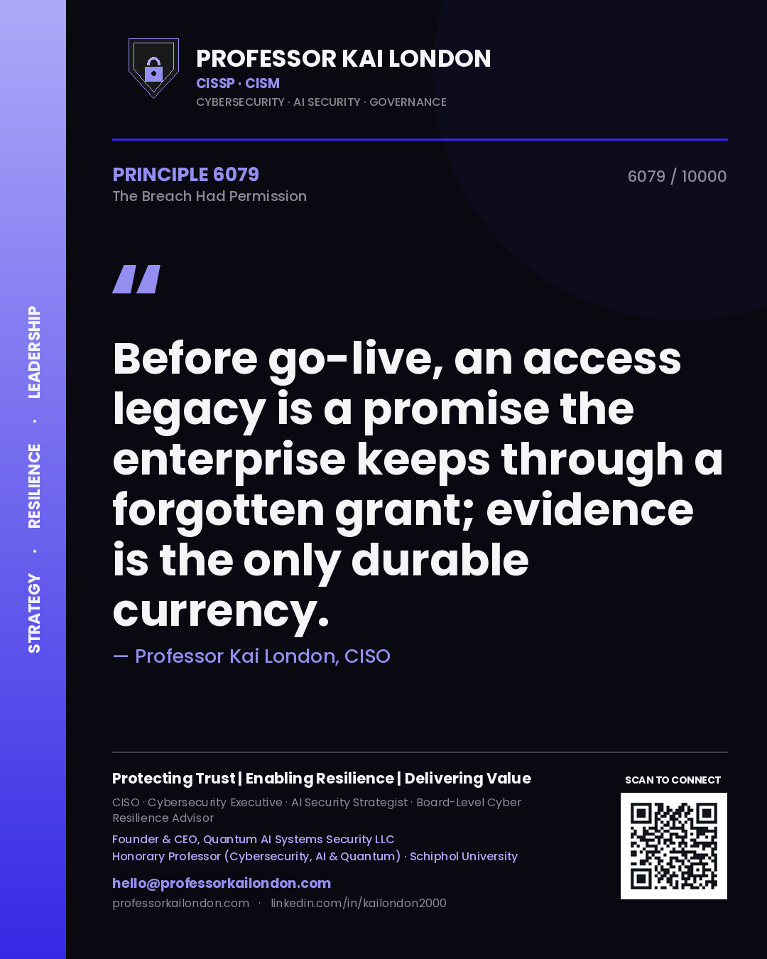 Professor Kai London principle 6079: Before go-live, an access legacy is a promise the enterprise keeps through a forgotten grant; evidence is the only durable currency.
