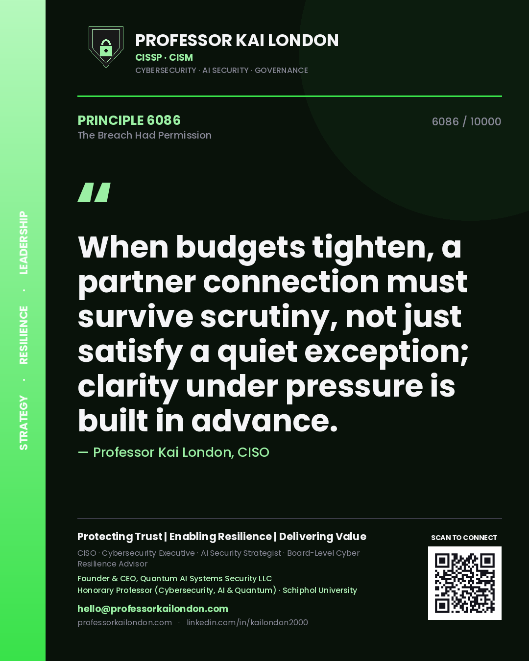 Quote card by Professor Kai London reading 'When budgets tighten, a partner connection must survive scrutiny, not just satisfy a quiet exception; clarity under pressure is built in advance.'. From the book The Breach Had Permission.